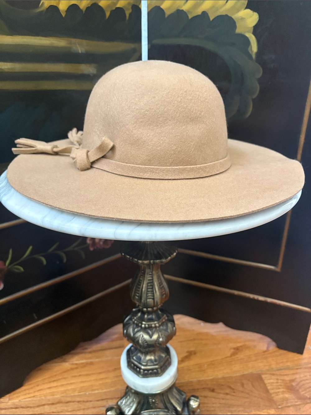 H&M Tan Wide-Brim Felt Hat with Bow Trim